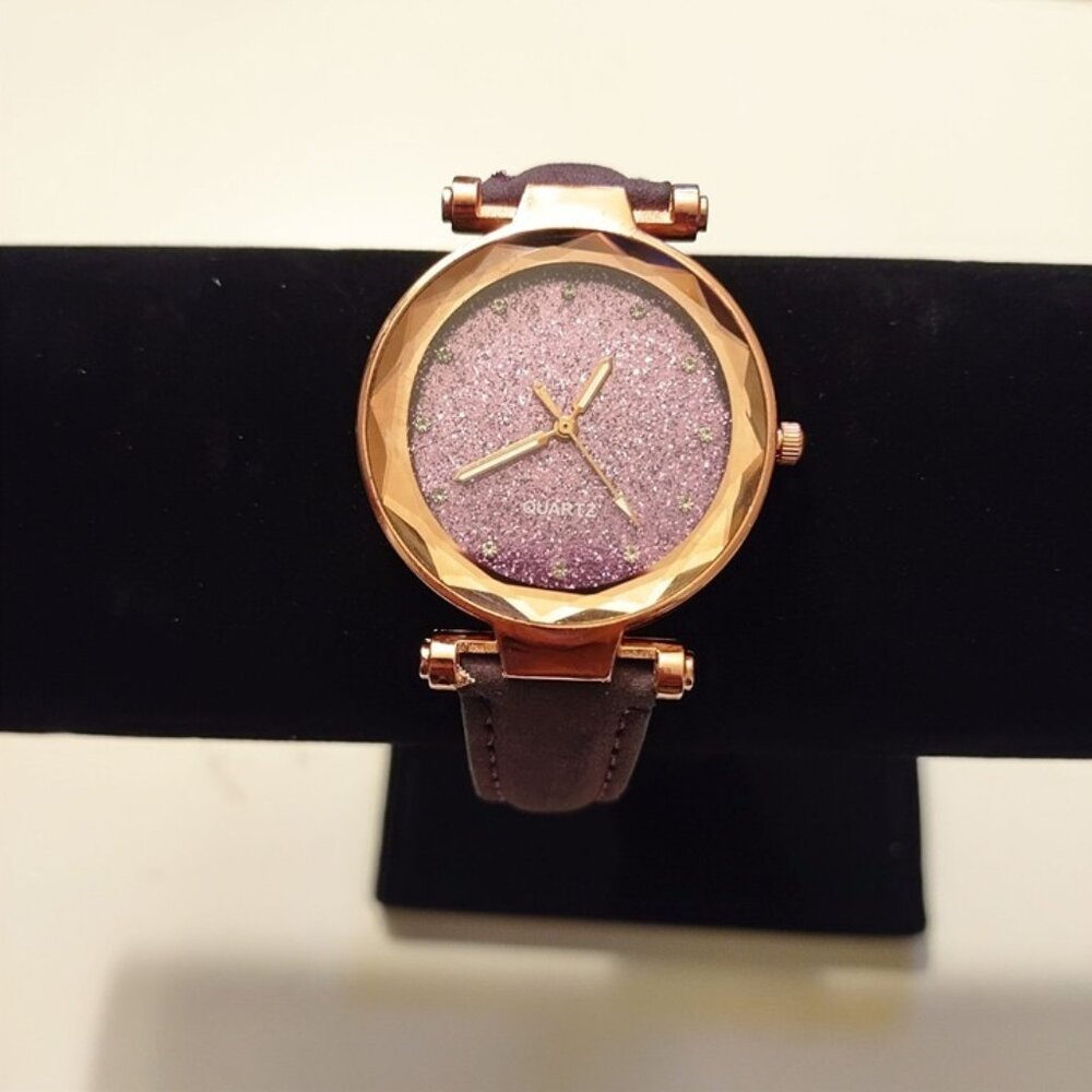 Rose Gold Quartz Watch With Glitter Dial & Purple Leather Strap-LIKE NEW